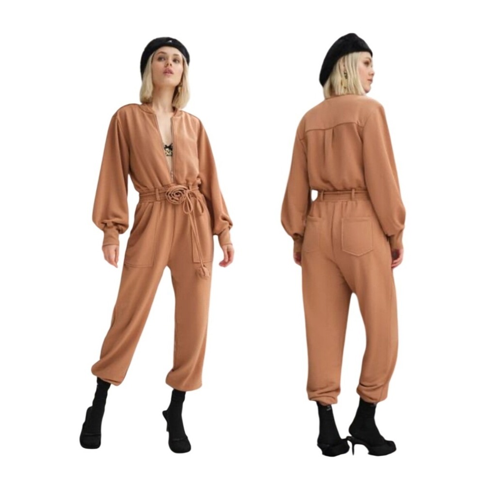 For Love & Lemons Yuna Ruffle Rosebud Zip Front Jumpsuit in Clay Size XS - Picture 1 of 13